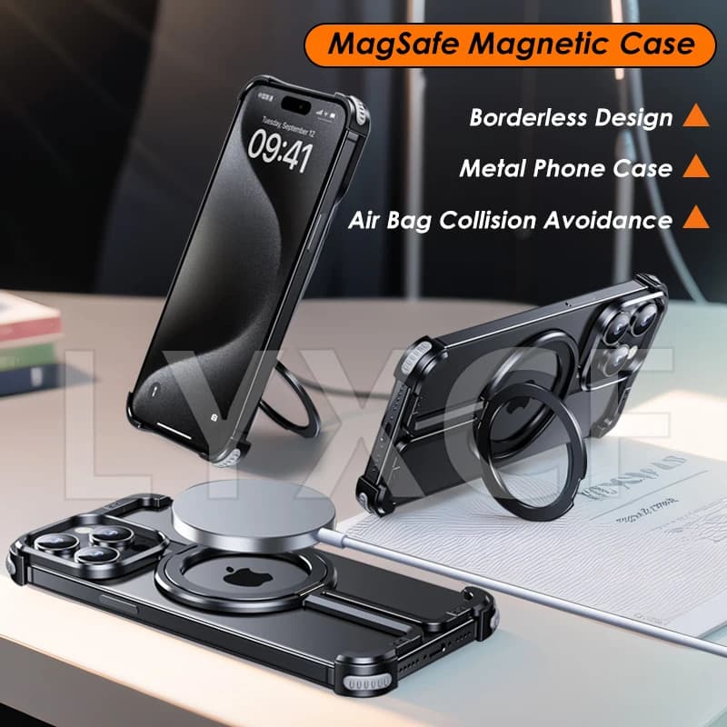 Natural Metal Titanium Frameless Magsafe Magnetic Case For iPhone 15 14 Plus 13 Pro Max Aluminum Alloy Shockproof Holder Cover