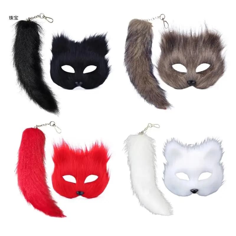 Faux Furs Foxes Tail Cats Mask Therian Mask and Tail Halloween Cosplays Party