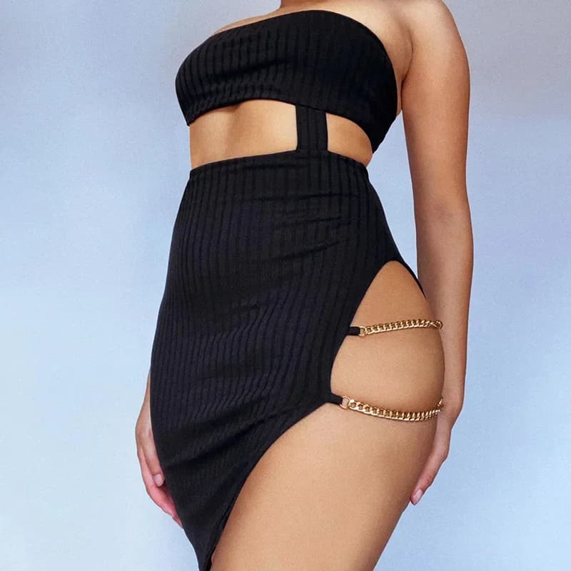 BKLD Sexy Club Party Asymmetry 2024 New Style Mini Cute Dresses Women Fashion Clothing Strapless Hollow Out Metal Chain Vestidos