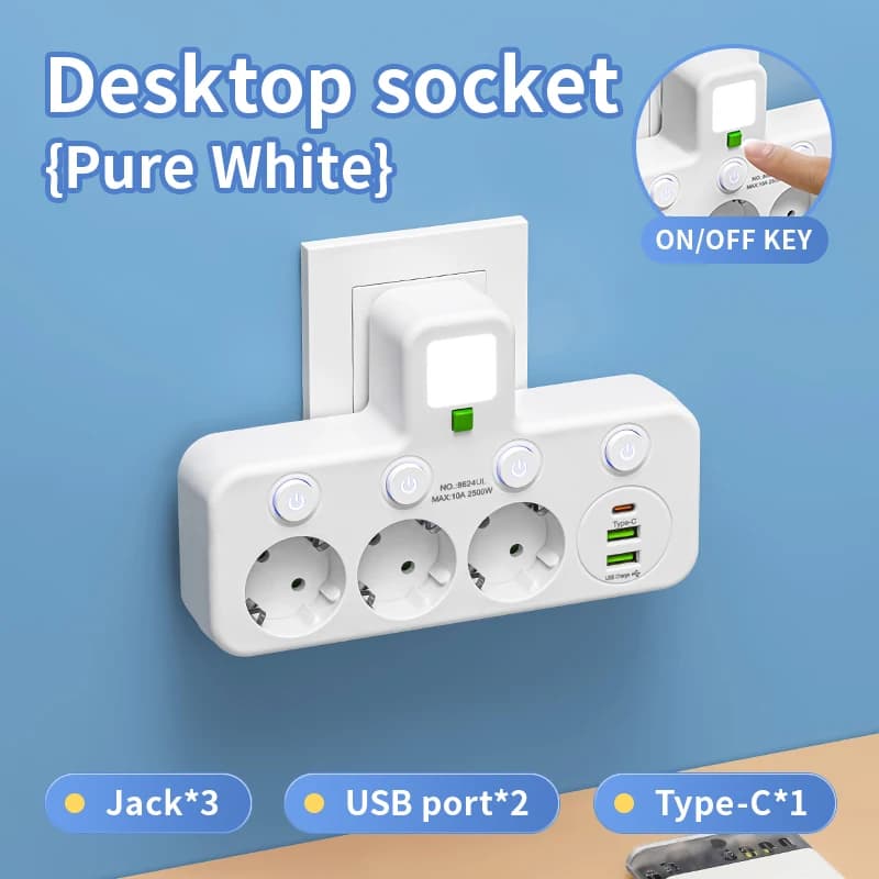EU AC Plug Power Strip Wall Mounted Independent Switch Multitap Socket Network Filter With USB Charging Network Filter Adapter