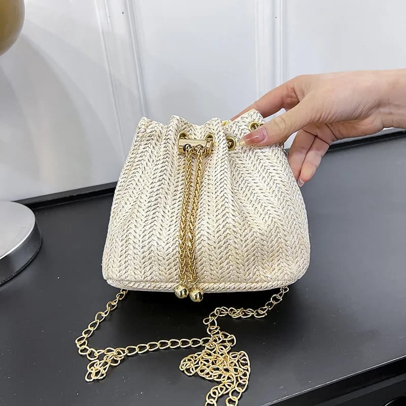 Beige Khaki Straw Weave Bucket Bag Fashion Metal Gold Color Chain Shoulder Messenger Bag For Women Summer Beach Bag bolso mujer