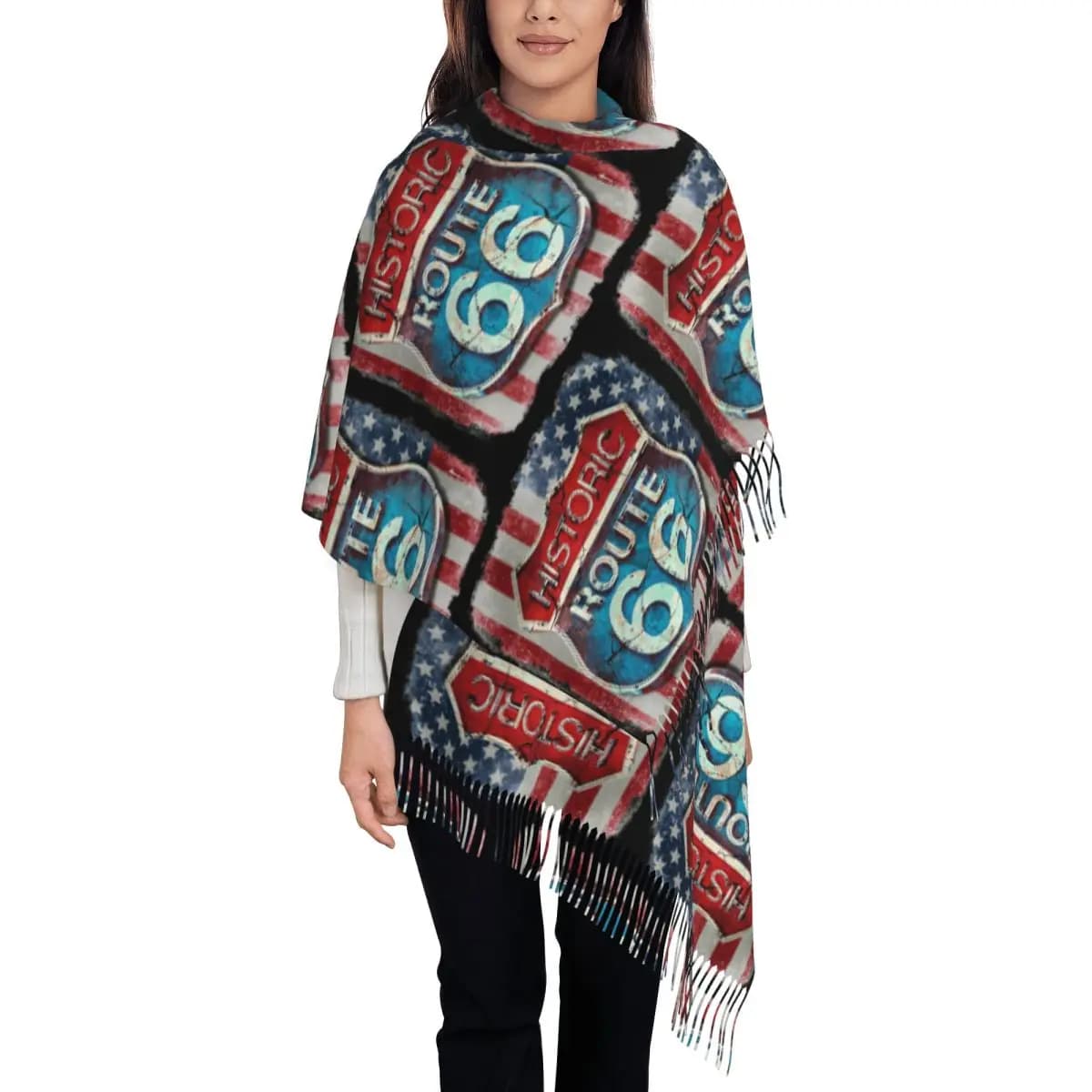 Get Your Kicks On Route 66 Sign With The American Flag Scarf Tassel Scarves Women Soft Warm Shawls and Wraps Winter Shawl Wrap