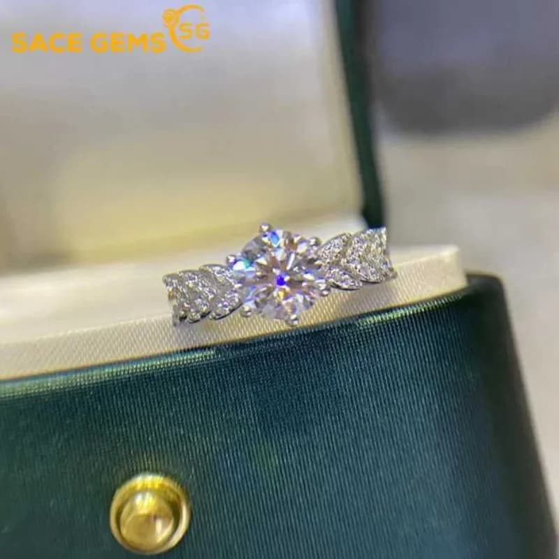SACE GEMS GRA Certified D Color 1ct Moissanite Ring 925 Sterling Silver Plated with 18k White Gold Ring for Women Fine Jewelry