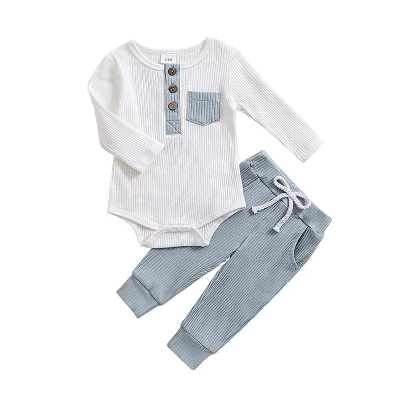 Baby Boys 2PCS Outfit Sets Long Sleeve Crew Neck Button Romper Solid Color Drawstring Pants Sets