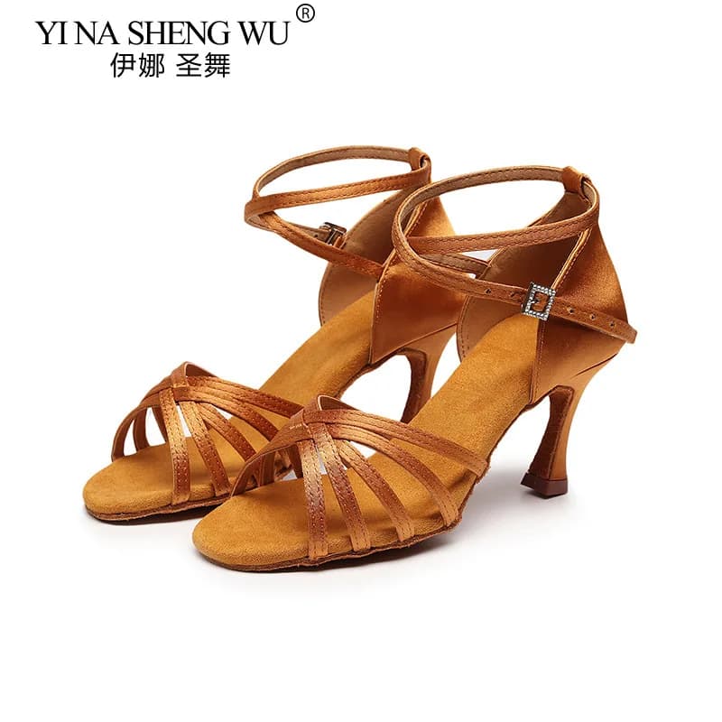 Woman Latin Dance Shoes Satin High Heel Soft Sole 7cm Latin Dance Shoes Professional Ballroom Tango Jazz Salsa Practice Shoes