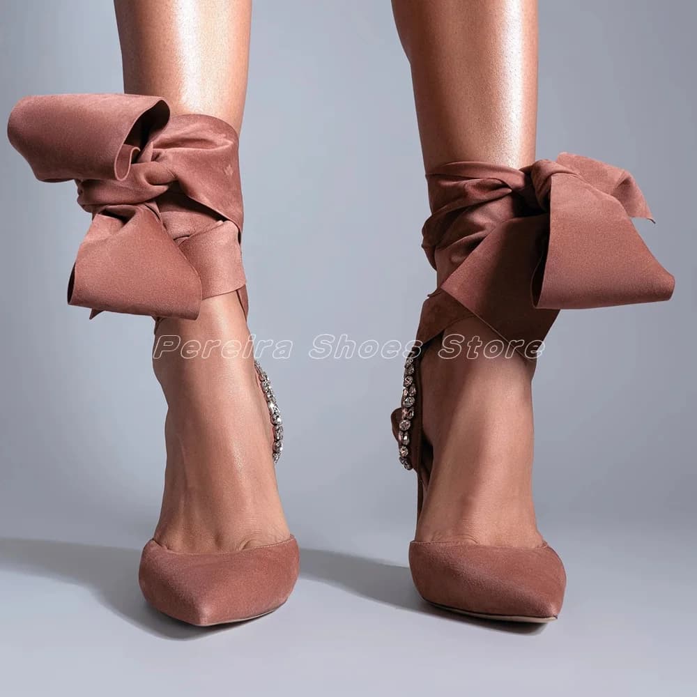 Suede Ballerina Slingback Butterfly-Knot Sandals Pointed Toe Cover Heel White Crystal Design Ladies Dress Party Runway Shoes