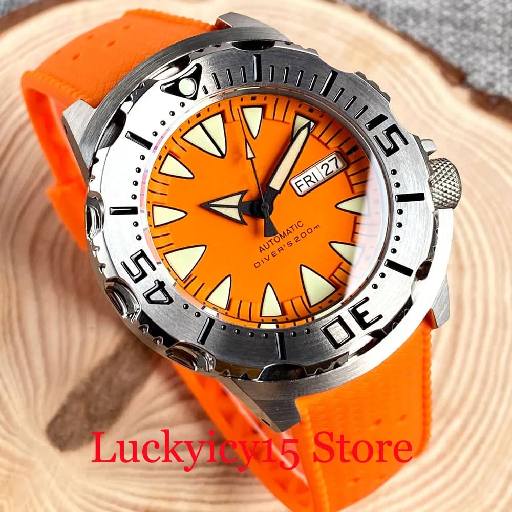 Luminous 42mm 200M Diving AR Sapphire Crystal Monster Orange Dial NH36A Mens Automatic Watch 3.8 o'clock Day Lume Rubber