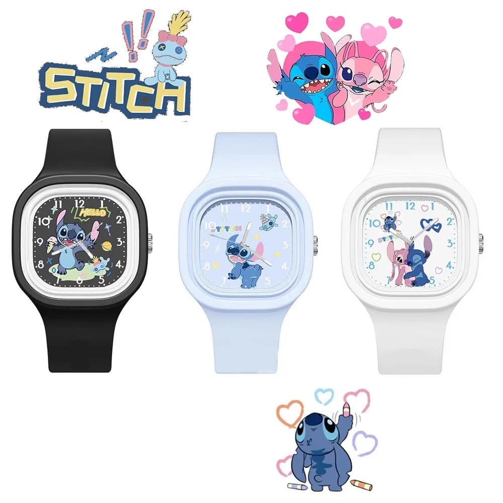 Disney Stitch Cartoon Children's Watch for Boys and Girls, Square Silicone Strap, Quartz Wrist Watch, Birthday Gift
