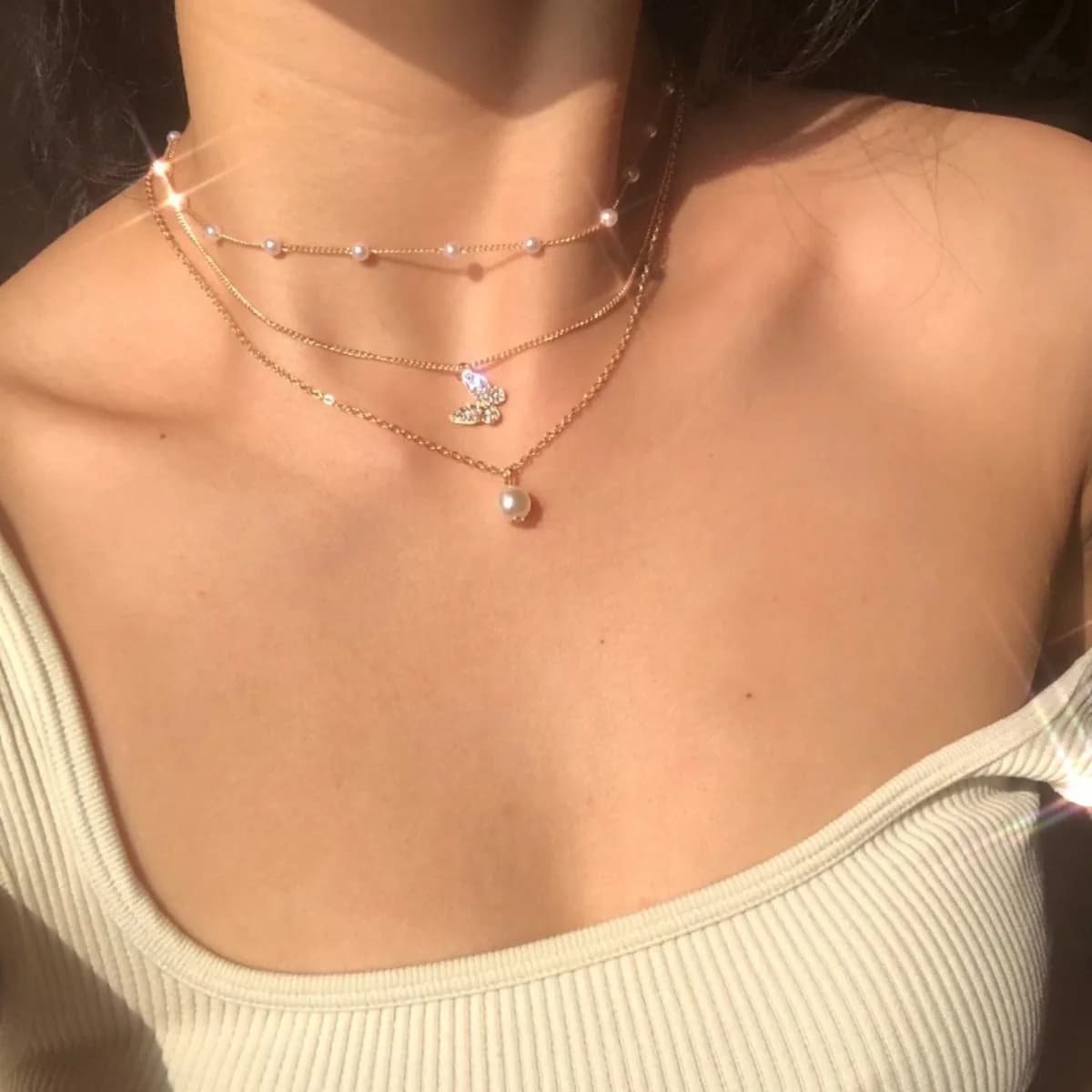 3pc Suit Golden Multilayer Necklace Decorated with Imitation Pearl Clavicle Chain Creative Simple Butterfly Pendant Necklace New