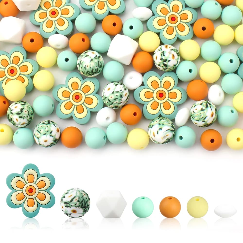 30pcs Silicone Bohemian Style Flower Focal Beads Printed Round Spacer Beads For Jewelry Pen Bead Making DIY Crafts Home Decor
