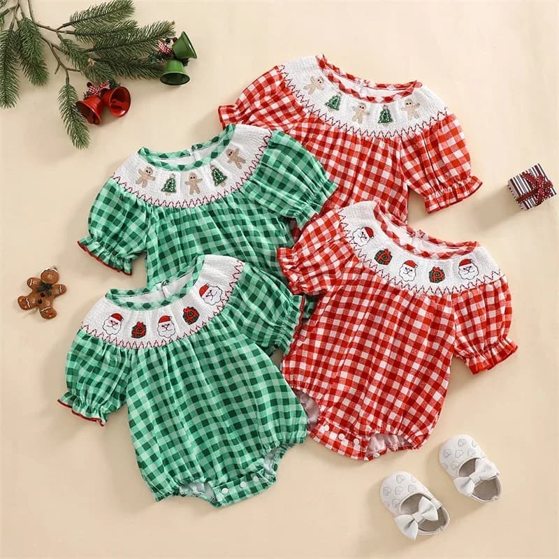 Fashion Christmas Newborn Baby Girls Casual Rompers Clothes Santa Claus Embroidery Plaid Short Sleeve Jumpsuits Xmas Costume