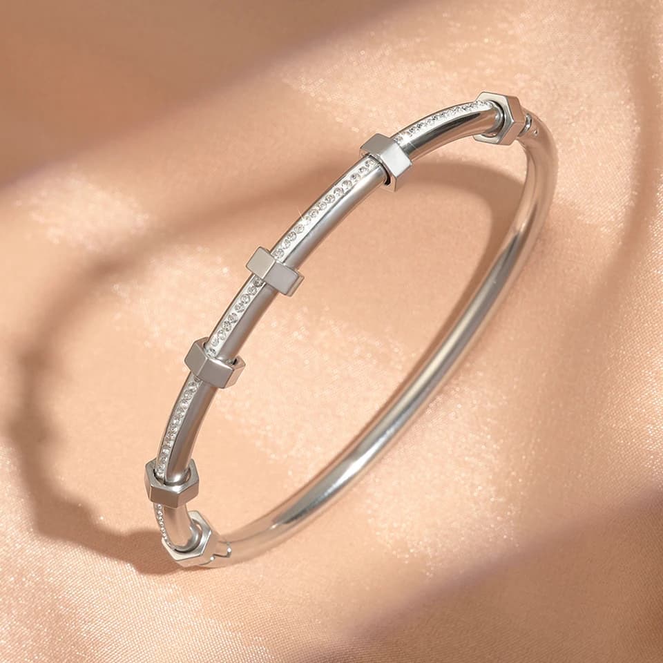 Yupsk Classic Waterproof Titanium Steel Bracelet Shiny Crystal Nail Bangle White Gold Color Trendy Jewelry Gift for Women