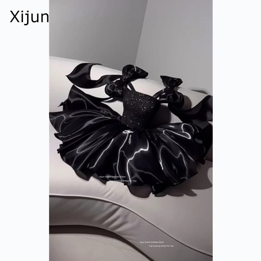 Xijun Black Glitter Short Evening Dresses Bow Straps A-Line Mini Prom Dresses Sweetheart Formal Prom Gowns Customized 2025