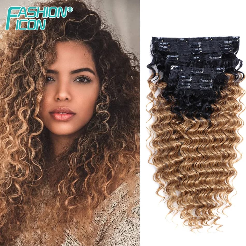 Synthetic Deep Wave Clip In Hair Extensions 7Pcs/Set 140g Ombre Blonde Fake Hair Full Head Hairpiece Curly Clip Ins Hair 24Inch