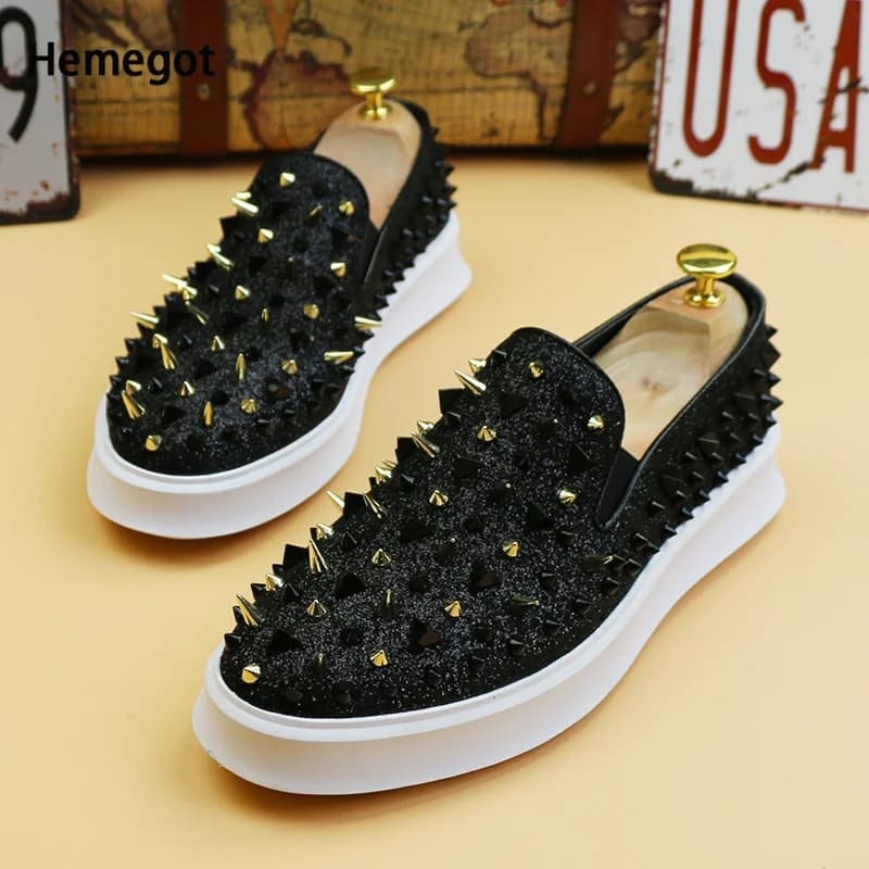 Punk Round Toe Rhinestone Sequin Loafers for Men Casual Shoes Rivet Skateboard Shoes Trendy Flat Slip On Men's Shoes