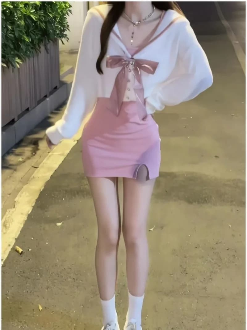 Sweet Sailor Collar Bow Waterproof Mink Knitted Cardigan+ Sexy Slim Fit Sleeveless Vest Dresses 2025 Autumn New Two Piece Sets