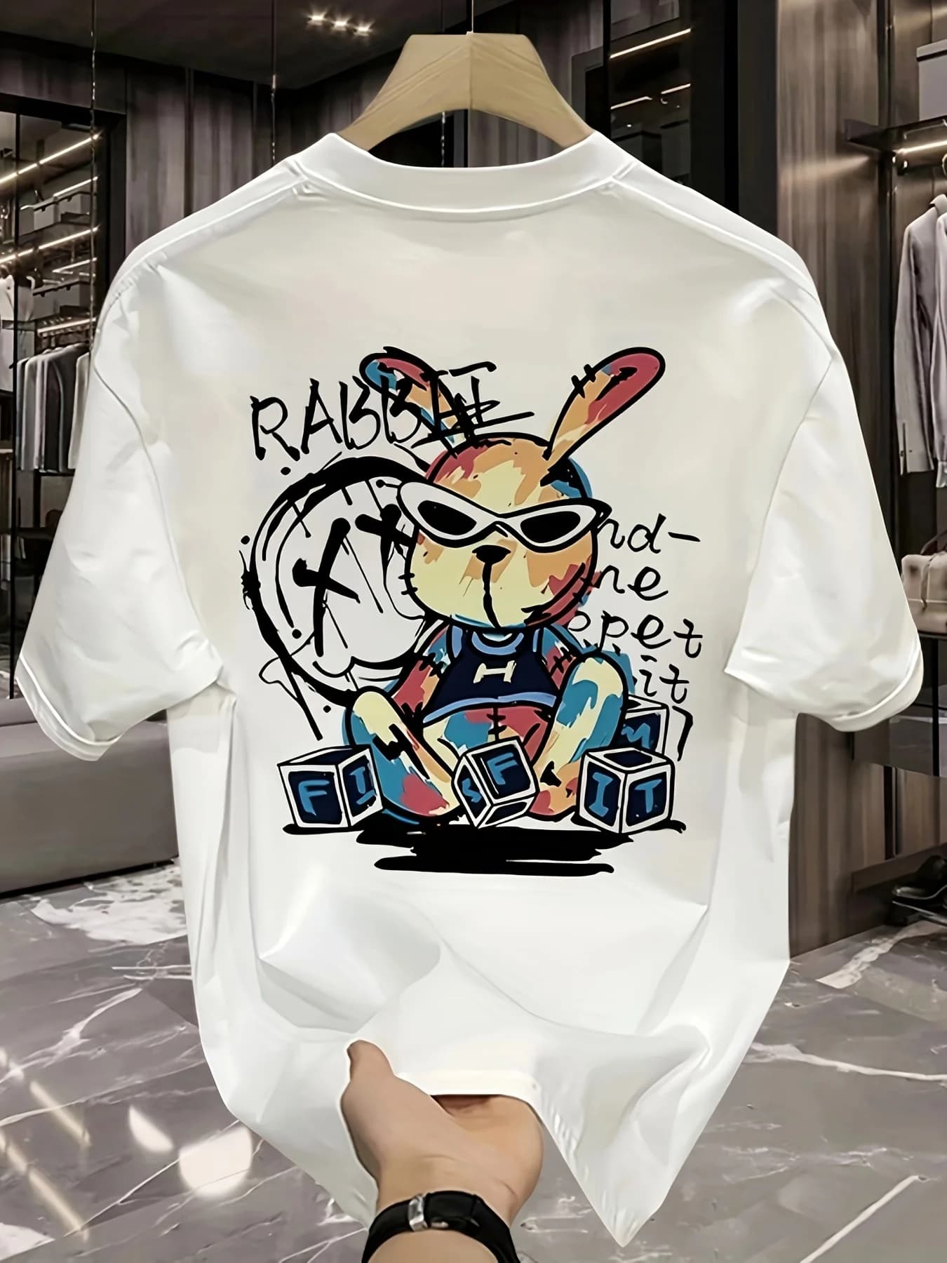 Men's summer 100% pure cotton fashionable casual loose black rabbit cartoon pattern printed round neck short sleeved T-shirt top