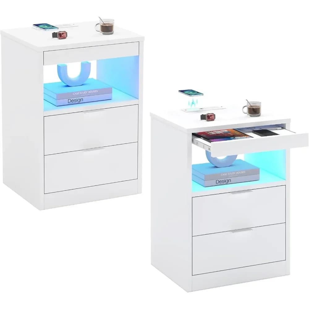 LED Nightstands Nightstand with Wireless Charging Station 2 Drawers, Modern Bedroom End Side Table with LED Lights