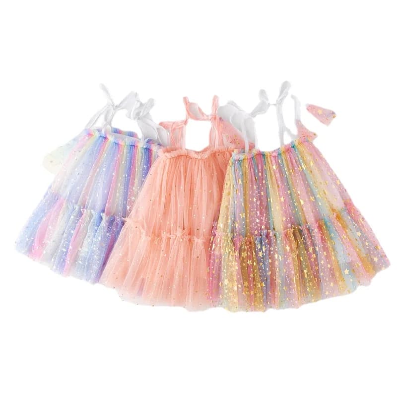 Girls Dresses for Summer Sleeveless Baby Birthday Mesh Dress Children's Party Princess Dress Rainbbow Kids Casual Clothes CC092