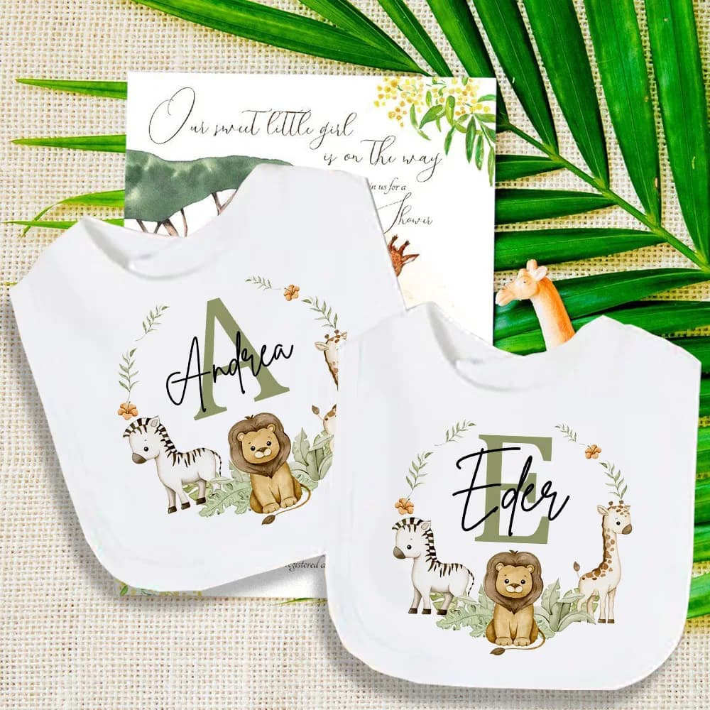 Personalised Baby Bib Safari Animals Bibs Initial with Name Newborn Wild One Birthday Gifts Infant Saliva Towel Baby Shower Gift