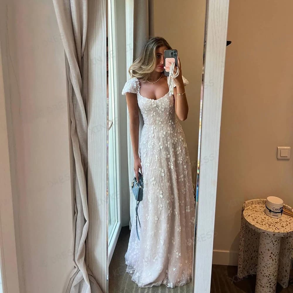 Elegant Appliques Wedding Dresses A-line Women's Boat Neck Sleeveless Tulle Princess Bridal Gowns Vestidos De Novia Customized