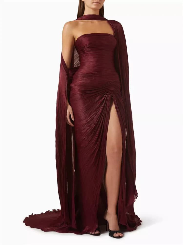 Customized Silk Satin Plissé Cape Evening Gown Sleeveless Bandeau Skirt All-over Plissé High Slit Two-piece Cape High Slit Dress