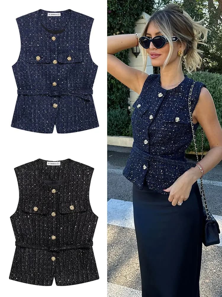 TRAFZA Women Fashion Tweed Belt Waistcoat O Neck Single Breasted Sleeveless Vests Spring Summer Office Lady Outerwear Chic Tops