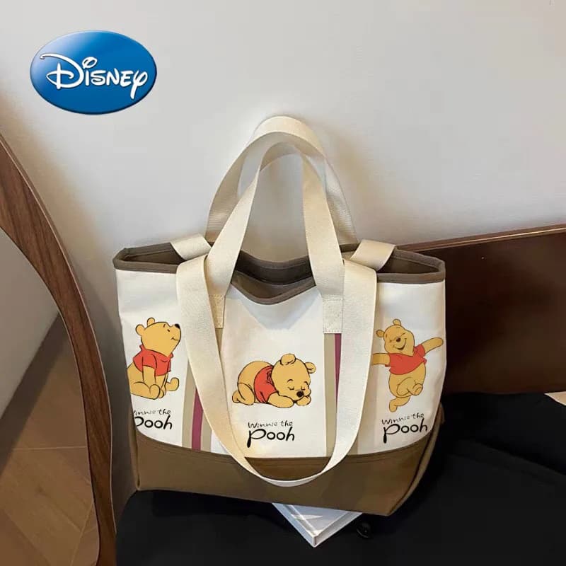 Disney New Retro Cartoon Winnie The Pooh Women's Canvas Handbag for Commuting, Versatile Large-capacity Shoulder Crossbody Bag