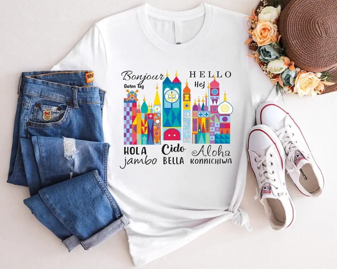 Greetings In Different Languages T Shirt All Kind Hello Bonjour Aloha Hola Guten Tag Hej It'S A Small World Castle