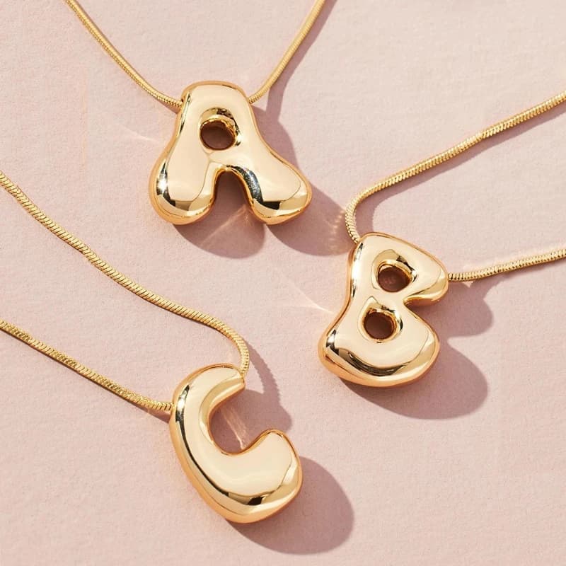 Golden Color Stainless Steel Initial Necklace for Women Girls Chunky Bubble Letter Pendant Necklaces Trendy Gifts for Women