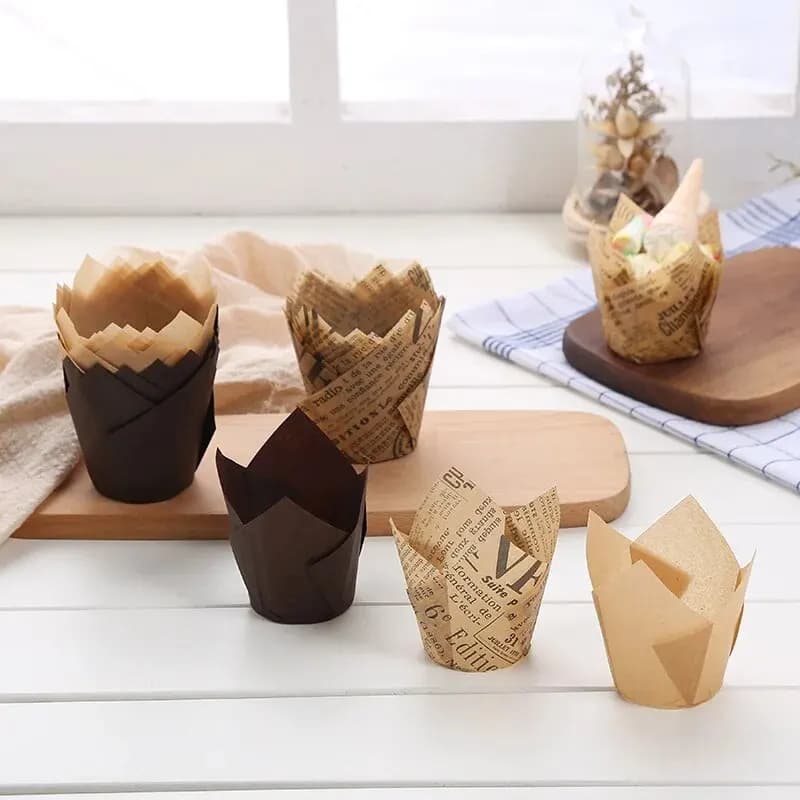 50PCS Tulip Cake Paper Cup Flame Cup Baking Household Cake Cup Bread Oil Paper Disposable Paper Tray Baking Cup