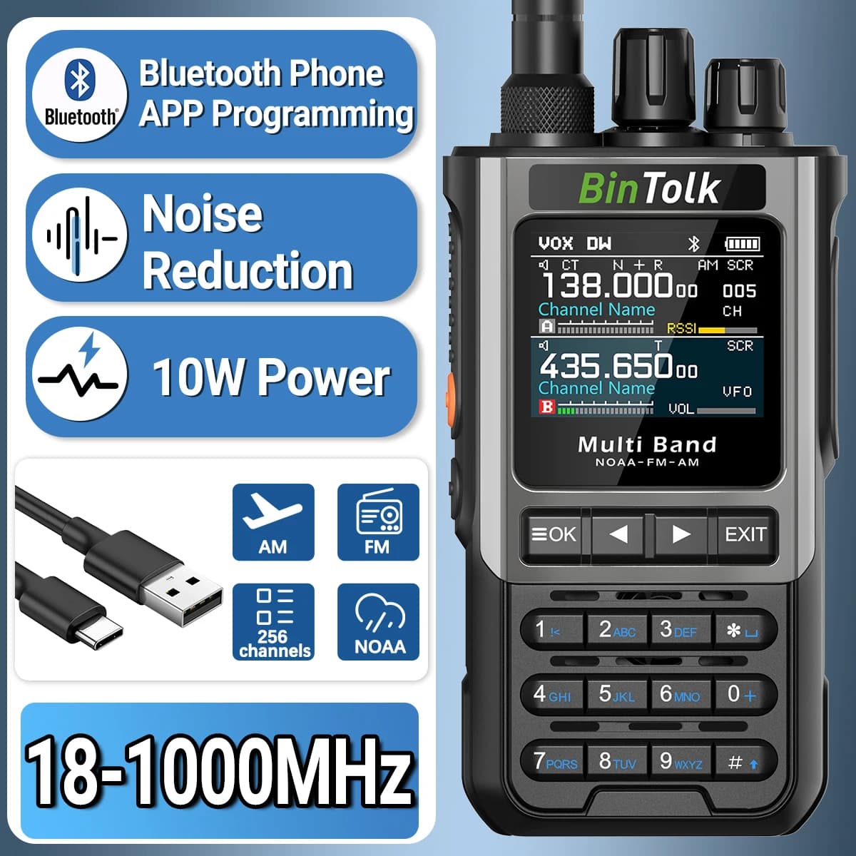 BinTolk BT8200 Walkie Talkie 10W Long Range Multi Band Wireless Bluetooth Programming Frequency Noise Reduction Flashlight Radio