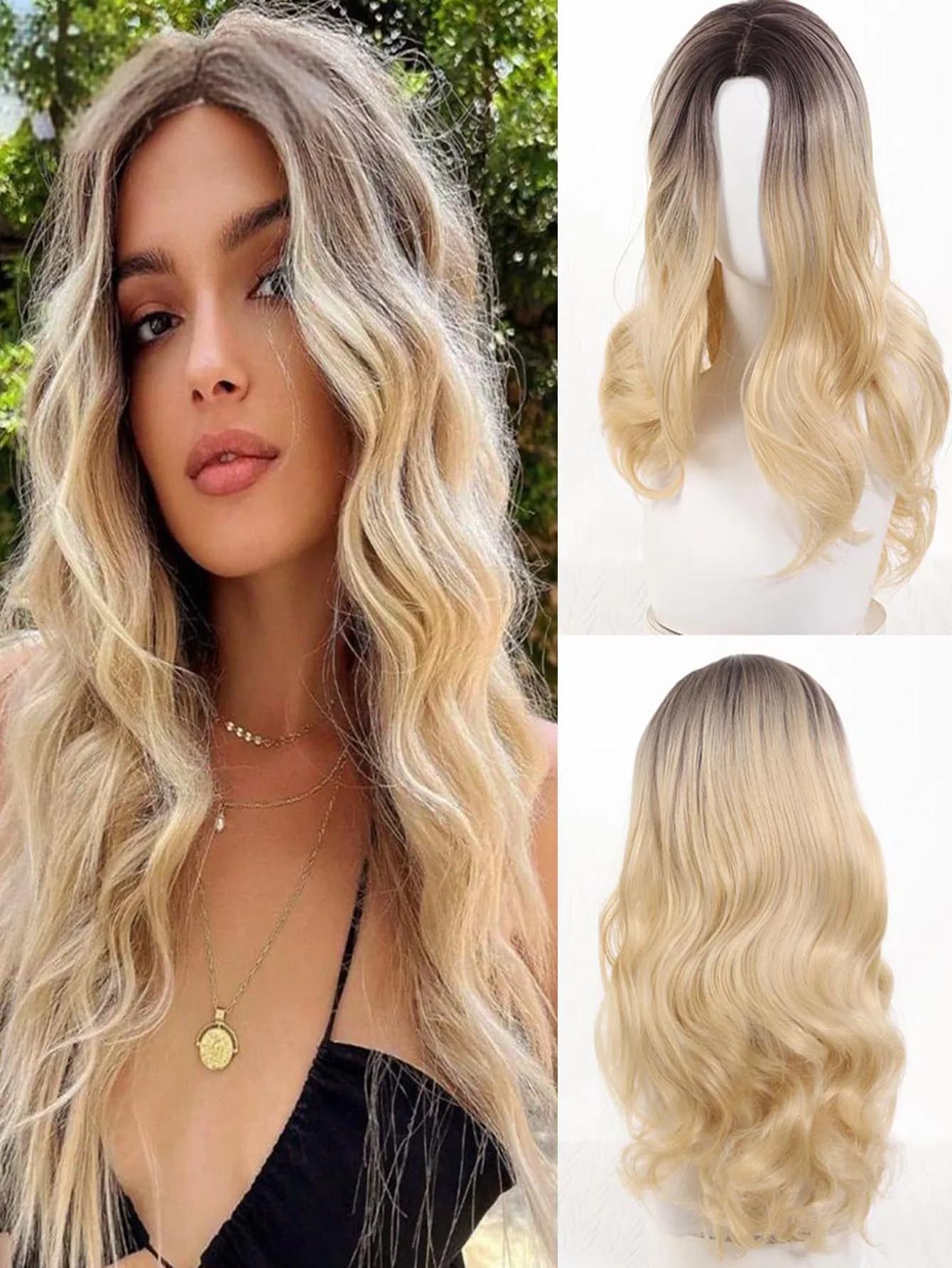 JINKAILI Blonde Ombre Cosplay Wig 22 Inch Middle Long Wigs Synthetic Middle Part Wig For Women