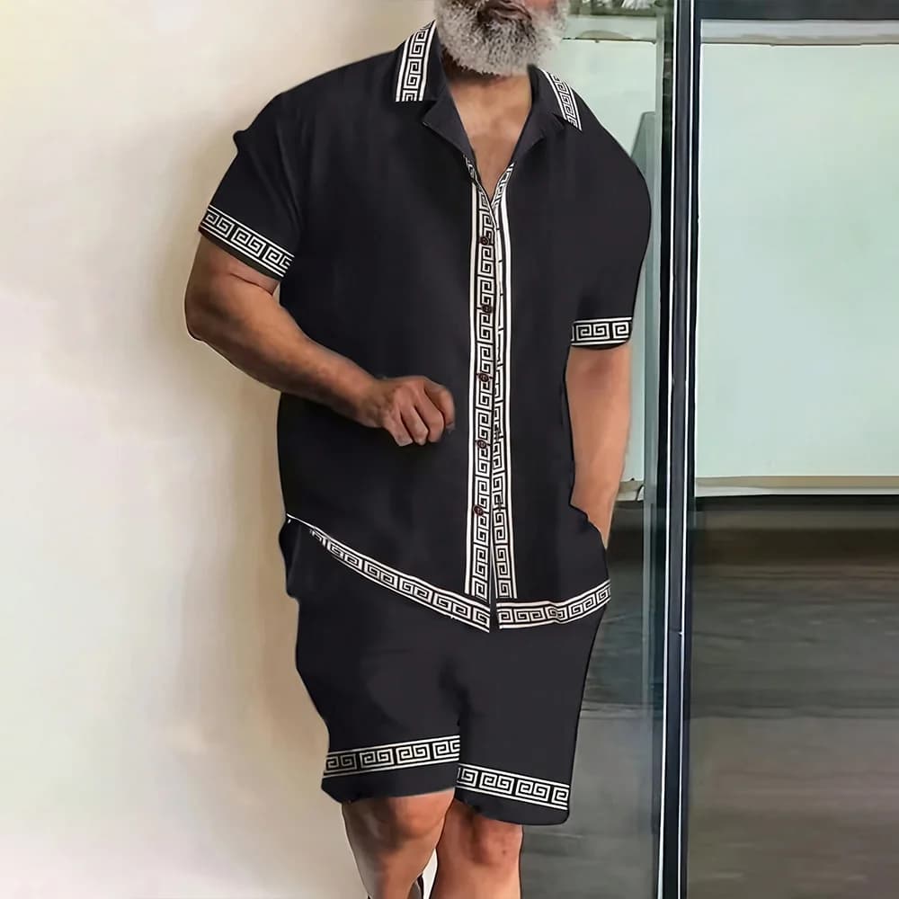 Vacation Men's 2-Piece Outfits Vintage Button Down Short Sleeve Shirt And Shorts Set Elastic Waist Shorts Short Sleeve Shirts