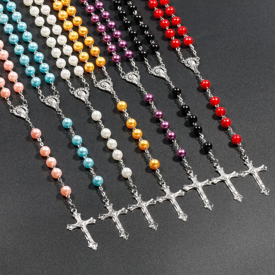 New Religion Christian Faux pearl Rosary Necklace For Women Virgin Mary Jesus Cross Pendant Long Beads Chains Fashion Jewelry