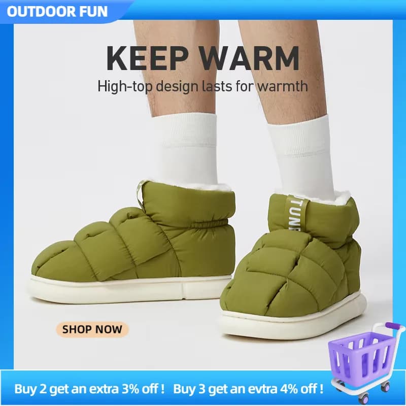 UTUNE warm slippers men Winter Ankle Snow Boots Warm High Top Women Boots For Home Non-slip Plush Slip-on Couple Outside Shoes