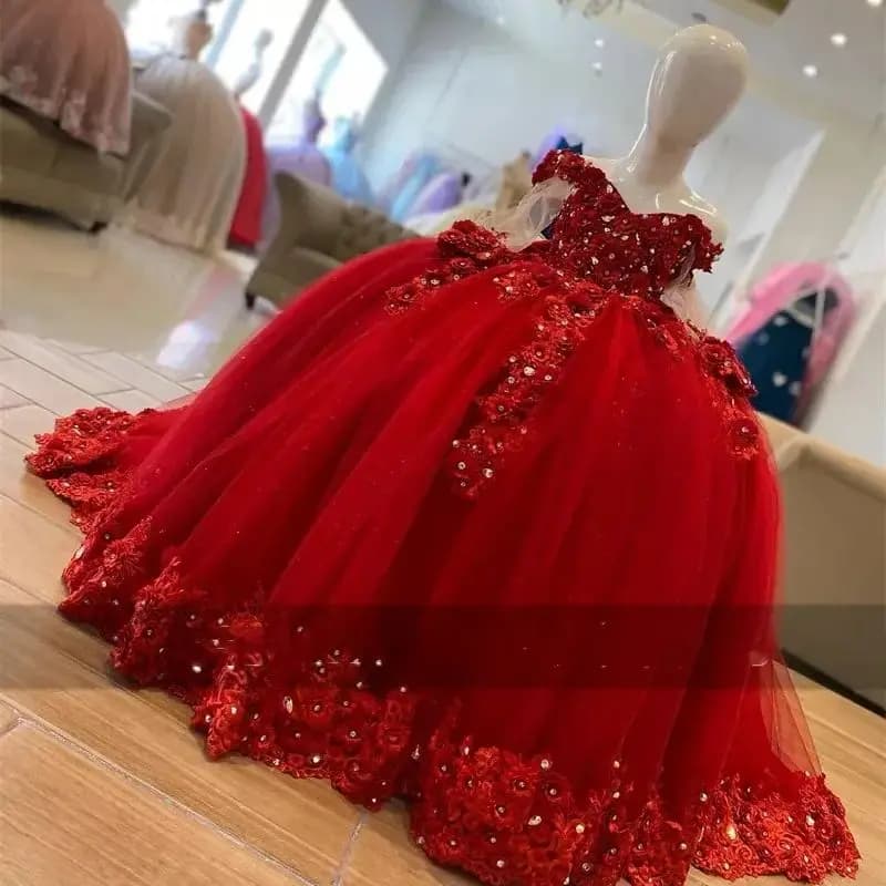 Customized Red Flower Girl Dresses for Wedding With Bow Crystal Lace Appliques Girl First Communion Kids Birthday Party Gowns