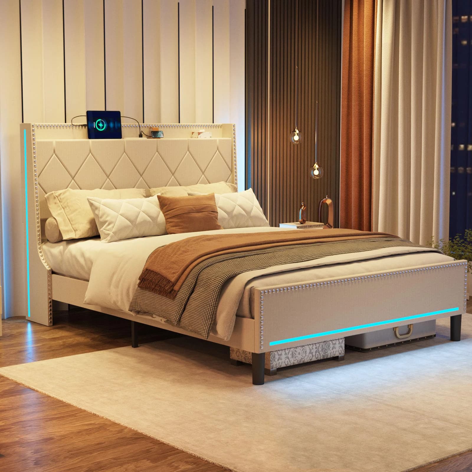 Vabches Queen Size Bed Frame with LED Lights Upholstered Platform Bed Frame with Charging Station & Headboard Bedroom Furniture