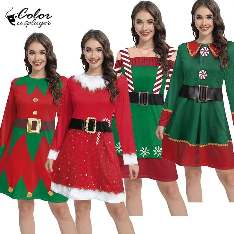 Color Cosplayer Elf Dress Christmas Dress Long Sleeved Gown Santa Claus Cosplay Costume Halloween Dress Up Party Carnival Robe