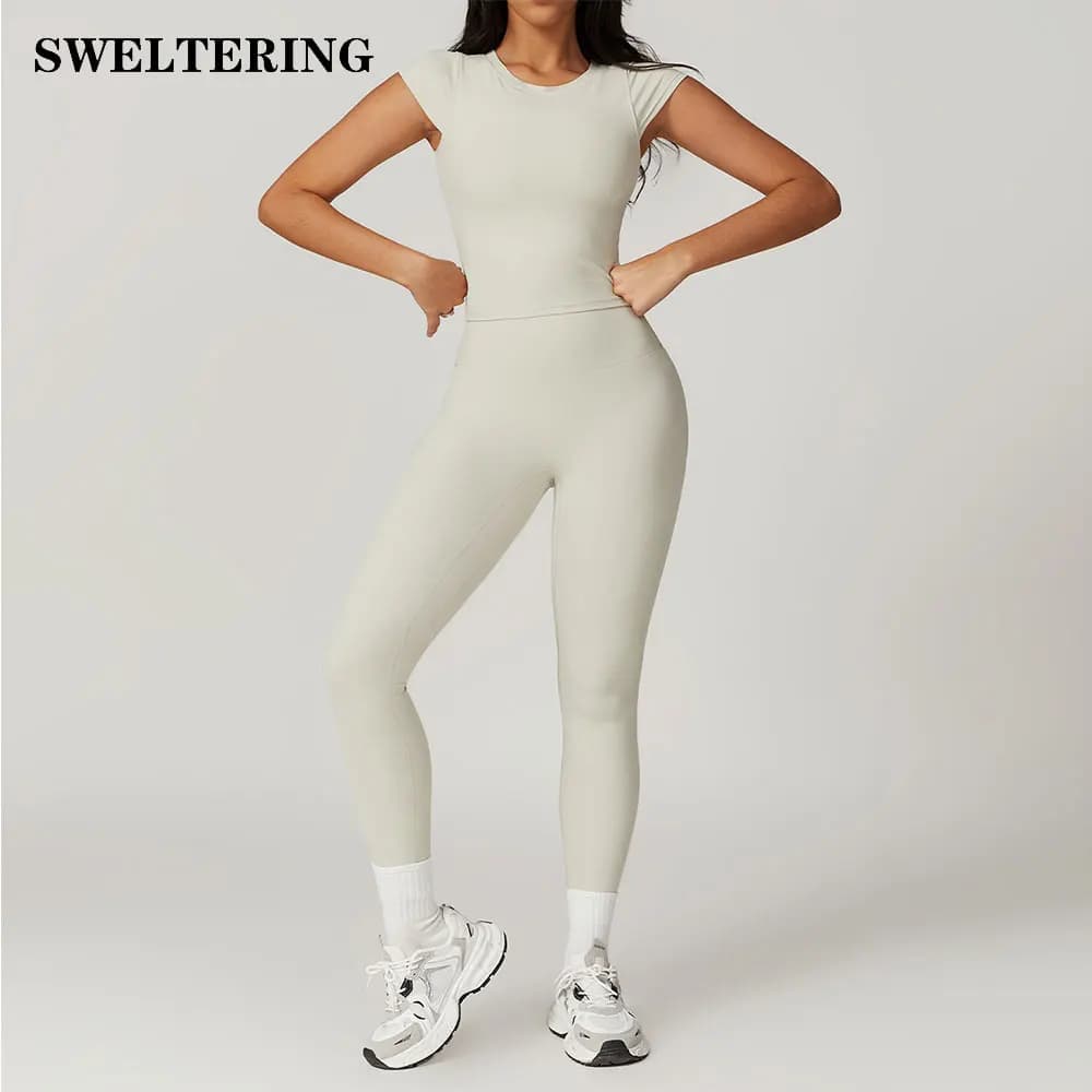 2PCS Yoga Set Workout Sportswear Women Clothes Gym Clothing Fitness Short Sleeved Crop Top High Waist Leggings Sports Suits