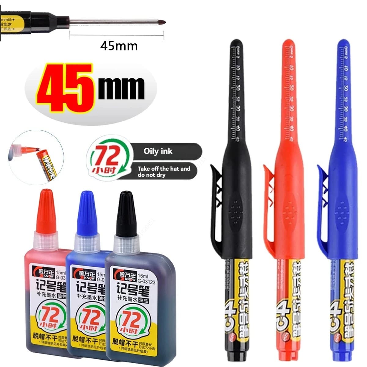 45mm Waterproof Deep Hole Marker Pens Long Nib Head Carpenter Pen Black/Blue/Red Ink for Multi-Purpose Woodworking Hand Tools