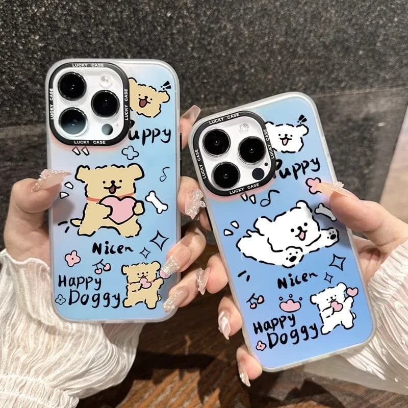 Cartoon cute hug heart dog Phone Case for OPPO Reno 5 6 7 7Z 8 8T 10 Pro Plus 4G 5G Matte Aurora Laser Gradient Couple Cover