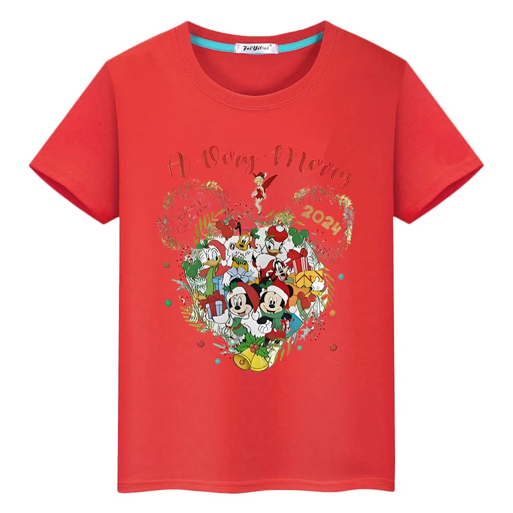 Christmas Print Disney Mickey t shirt for kids boy 10year 100%Cotton Kawaii Tops anime Short tshirt y2k one piece girl clothes