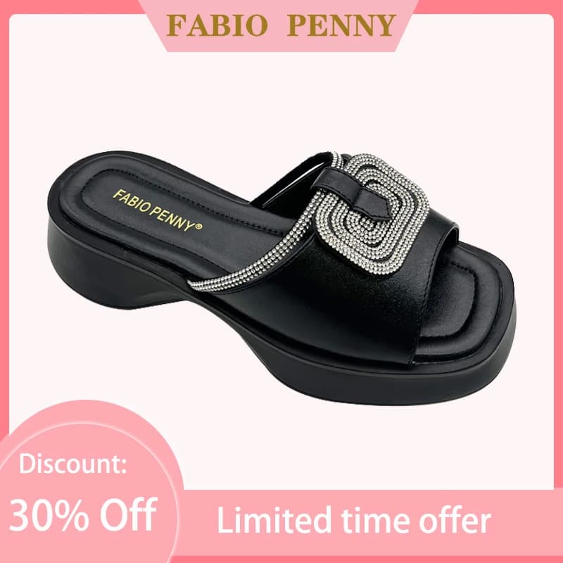 FABIO PENNY2025 new solid-color exquisite water diamond design thick-soled women's fashionable slippers and party sandals