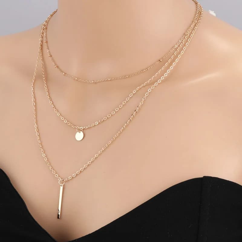 New Women Fashion Gold Color 3 Layers Chain Necklace Hollow Out Triangle Long Pendant Necklaces Jewelry Jewelry Gift
