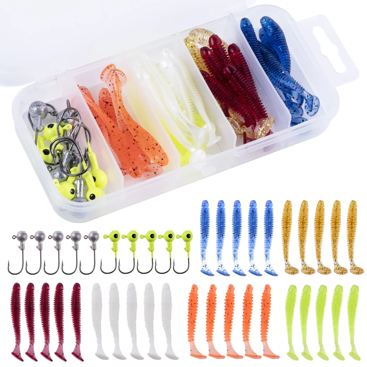 Goture 40pcs/box Soft Bait 5cm 7cm Jig Head Hook Fishing Lure Swimbait Curly Wobblers Carp Fishing lures With Box Fast delivery