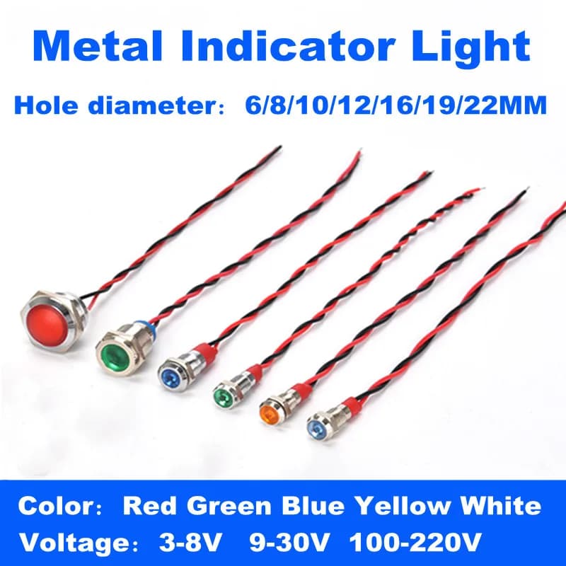 Waterproof metal indicator lamp 6/8/10/12/16/19/22MM power signal lamp 3V 5v 6v 12V 24V 110V 220V red/yellow/blue/green/white