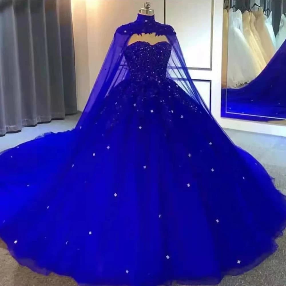 Ball Gown Princess Evening Night Dresses Cape Sweetheart Beaded Lace Tulle Prom Formal Party Gowns Wedding فساتين السه Quinceane