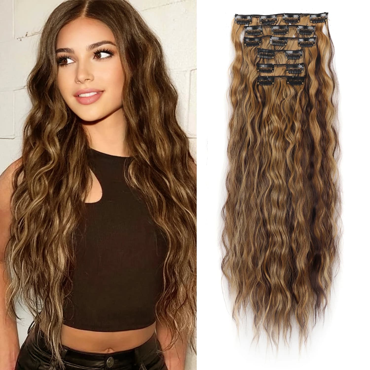 Clip In Hair Extensions 6PCS Set Curly 20inch Long Synthetic Clip On Hairpiece Corn Wavy Style For Women Girls Daily Party