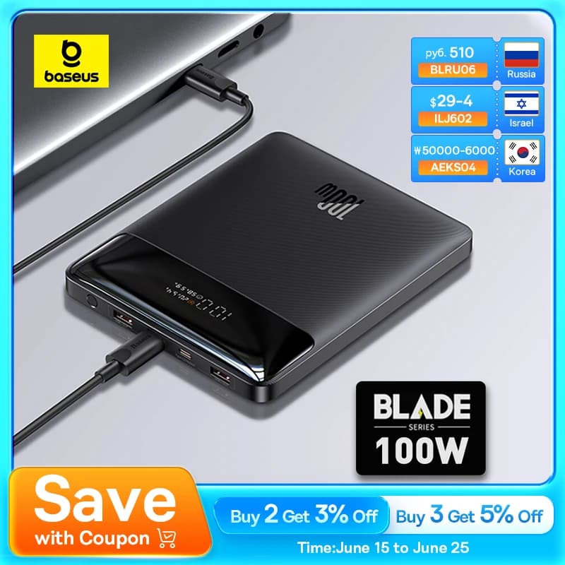 Baseus 100W Power Bank 20000mAh Type C PD Fast Charging Powerbank Portable External Battery Charger for Notebook with 100W Cable